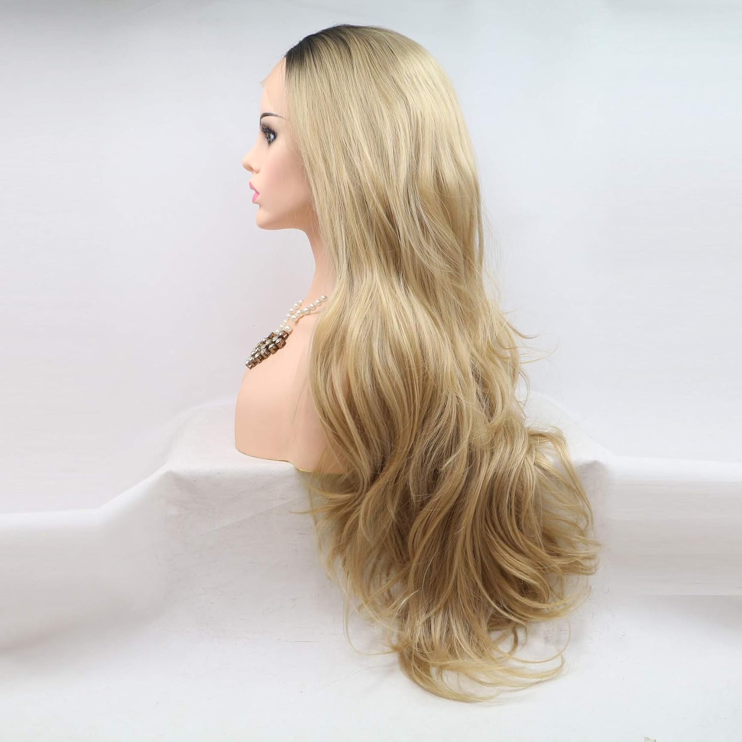 Xiweiya Long Blonde Synthetic Lace Front Wig - Wavy Side Part With Brown Root - Hair Replacement for Women Drag Queen Makeup 24inch - Image 5
