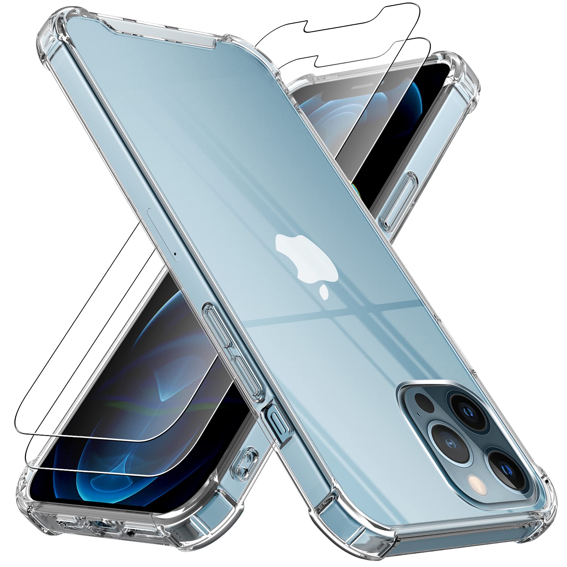 4youquality Case for iPhone 12 Pro Max with [2-Pack Tempered Glass Screen Protector], 6.7-Inch, Airbag Drop Protection, Shockproof Transparent Clear Bumper Phone Case Cover, Anti-Scratch