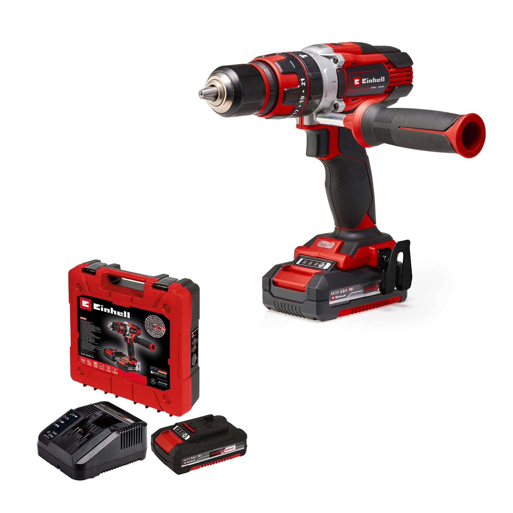 Einhell Akku-Schlagbohrschrauber TE-CD 18/48 Li-i Kit Power X-Change (18 V, 48 Nm, Schlagbohrfunktion, 13 mm Bohrfutter, 2 Gang, Koffer, inkl. 2x 2,0 Ah Akkus + Ladegerät)