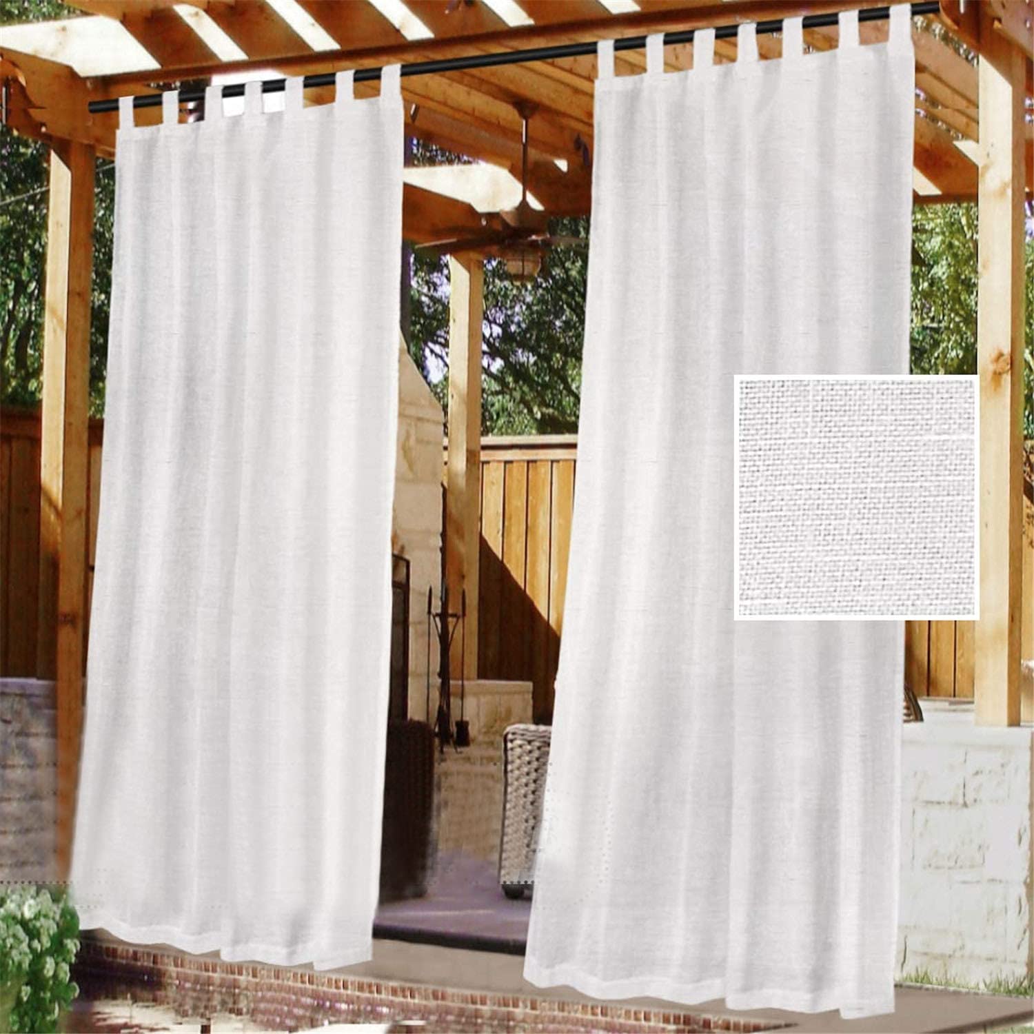 LINFKY Outdoor Linen Sheer Curtain for Patio, Detachable Sticky Tab Top for Easy Hanging & Unsling, Waterproof Outside Porch White Sheer Drape Indoor Outdoor Deck, 2 Panel (2x52 Wx96 L,White)