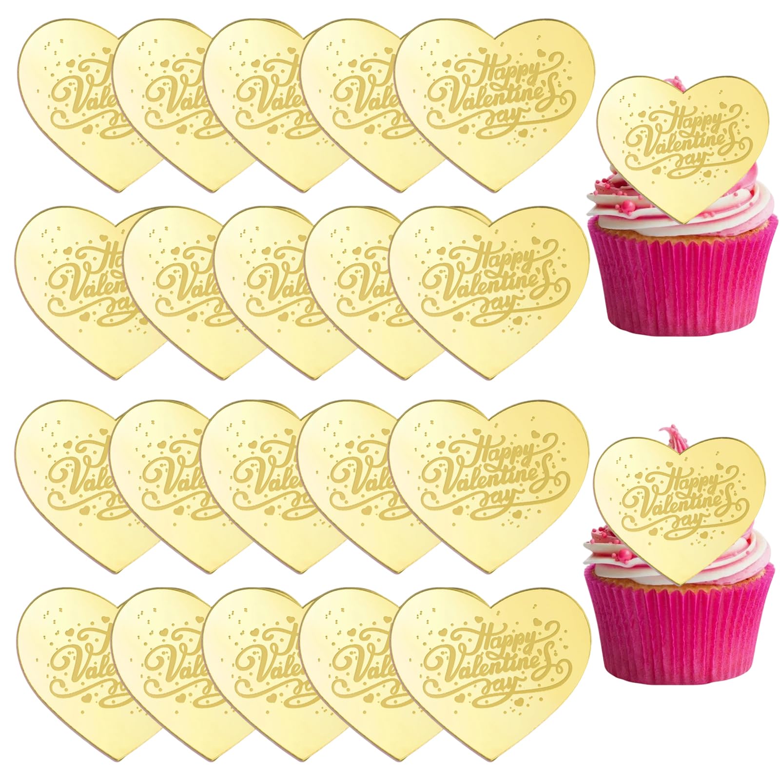 Photo 1 of 20Pcs Happy Valentine's Day Cake Toppers, Heart Shaped Acrylic Glitter Gold Mirror Cupcake Toppers Cake Dessert Decoration for Valentines Wedding Anniversary Engagement Baking Party Supplies