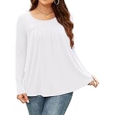 AUHEGN Long Sleeve Shirts for Women Pleated Tunic Tops Casual Crew Neck Loose Fit Fall Tops Blouse Outfits for Legging