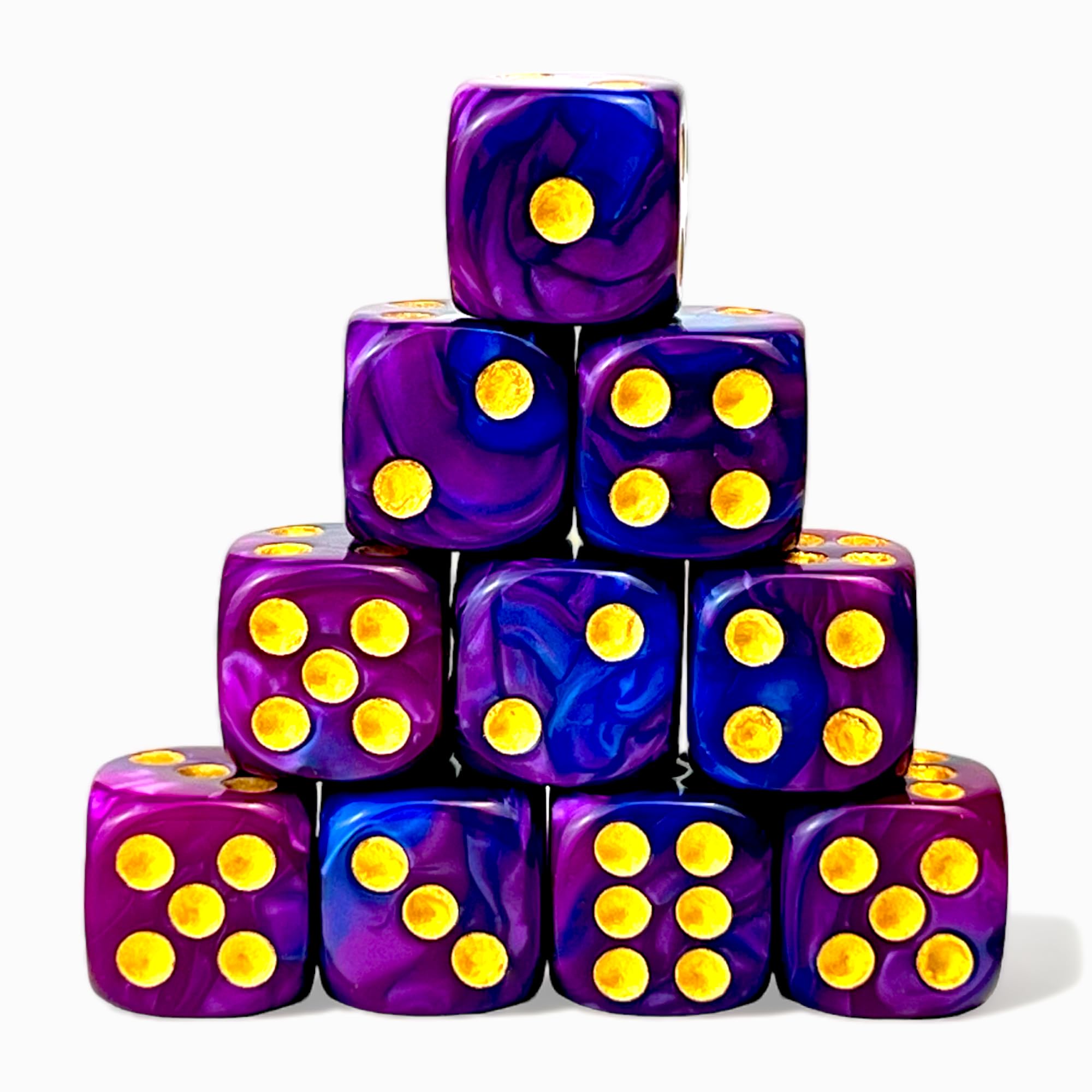 Luck Lab 10 Piece D6 Dice Pack - Acrylic Dice for RPG MTG DND Dice Table Games and Board Games (Blue and Purple Swirl with Gold Pips)