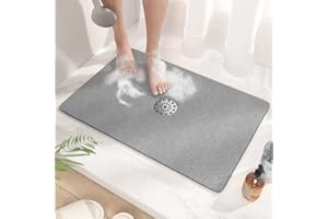 HITSLAM Shower Mat with Center Drain Hole, 24 x 16 Inch Non Slip Bath Mat for Textured Tub, Soft Loofah-Style Bathtub Mat Wit