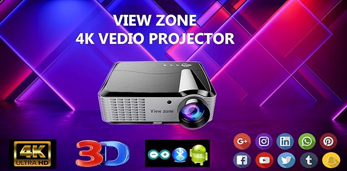 V7 4K Smart Projector 2180 P Full HD Support All Types of Files ,Smart Wi-Fi Full HD Projector - 200-inch Display by View Zone