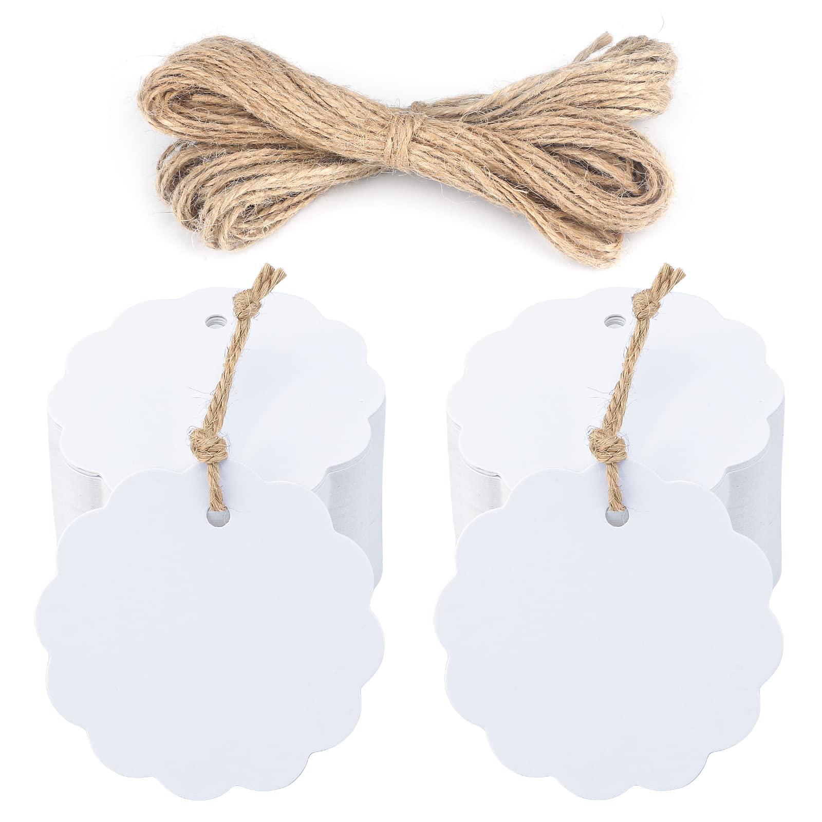 jijAcraft White Flower Round Gift Tags with 30M Jute String, 200 PCS Kraft Paper Tags Labels, 5.5 cm Hanging Tags for Art & Craft