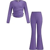 Yesfashion Girls' Clothing Sets Casual Crew Neck Long Sleeve Fitted Ruched Top and Flared Leggings Pants Set
