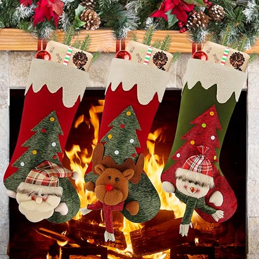 Amazon Com Aitey Christmas Stockings 18 Inches Large Family Christmas Stockings Set Of 3 Character Santa Snowman Reindeer 3d Plush With Faux Fur Cuff Xmas Decorations For Kids Home Kitchen