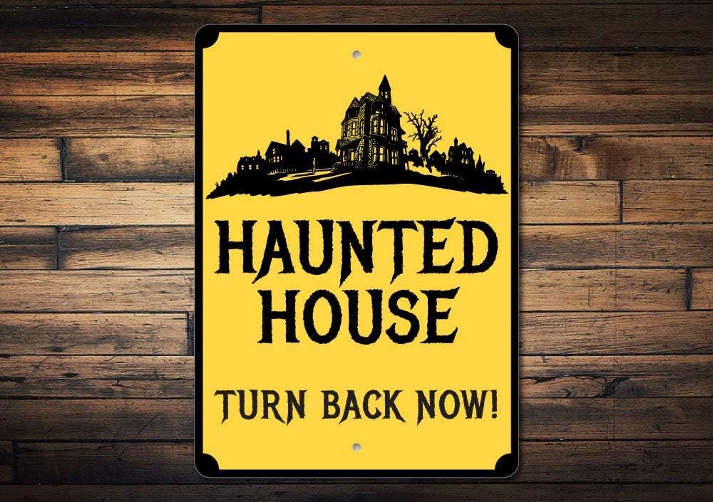 Promini Metal Sign for Wall Decor,Haunted House Sign, Haunted House Decor, Haunted House Gift, Spooky House Sign, Dont Enter Turn Back Now Sign, Halloween Sign, Quality Metal 12x18 Inches