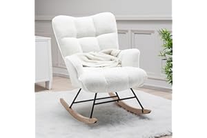 SAETSFEG Nursery Rocking Chair Teddy, Upholstered Glider Rocker with High Backrest, Comfortable Stylish Accent Armchair with Padded Seat for Living Rooms, Bedrooms, Offices, White