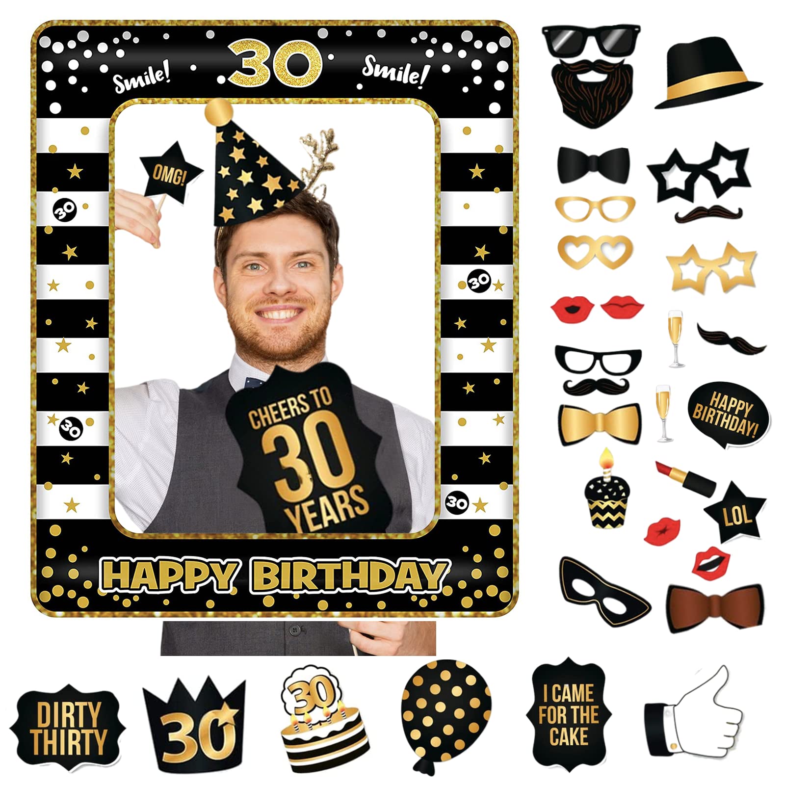 POPOYU 30th Birthday Decor Girls Boys,Black Gold Inflatable Selfie Frame&34Pcs 30th Birthday Photo Booth Props,Giant Inflatable Party Photo Booth Frame for Ladies Men Party Decor, 10x20cm