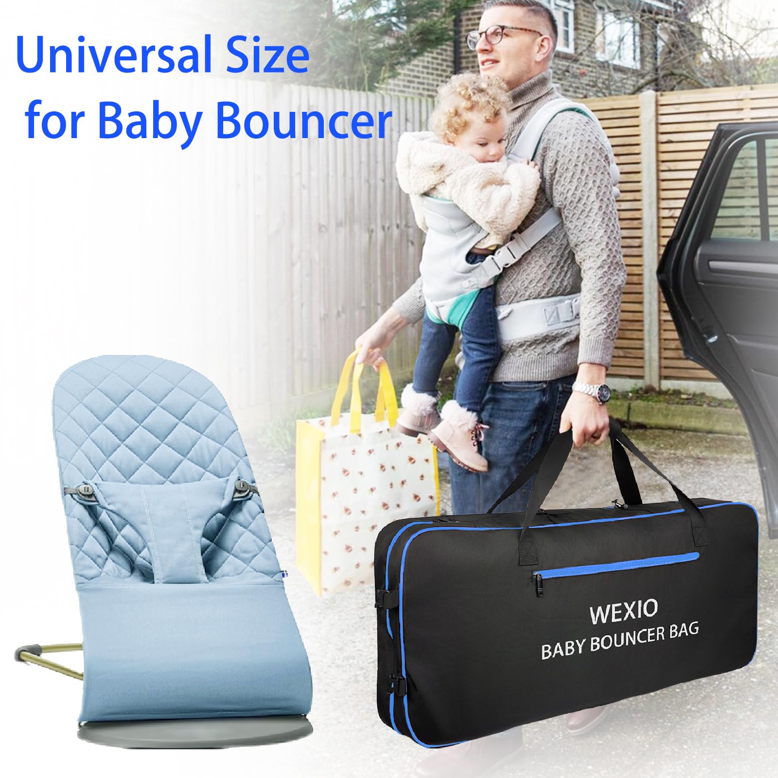 Padded Baby Bouncer Transport Bag, Waterproof Infant Bouncy Seat Travel Bag, Double Zipped Newborn Bouncer Cover with Shoulder Pad，15.7 x 4.7 x 35.4 Inches