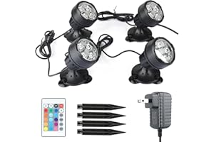 SHOYO Spotlight for Yard, Color Changing Pond Lights IP68 Waterproof Underwater Landscape Lights Outdoor Spot Lights, Remote Control Multi-Color Dimmable Adjustable Garden Light with Spiked Stand, 4 in Set