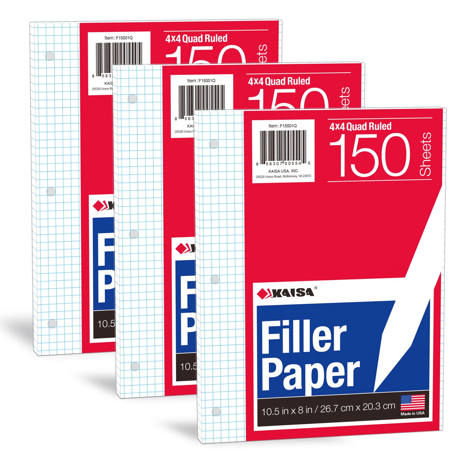 Photo 1 of KAISA Graph Paper Filler Paper, 8"x10.5" 4x4 Graph/Quad Rule Filler Paper 3-Hole Punched 1/4inch Grid Paper Loose-Leaf Paper for 3-Ring Binders,150sheet/pack, 3pack F15001Q