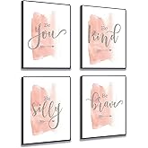 Set of 4 Teen Girl Wall Art Canvas Painting Be Kind Inspirational Quote Print Blush Grey Wall Picture Nordic Poster for Girls Bedroom Decor Home Living Room