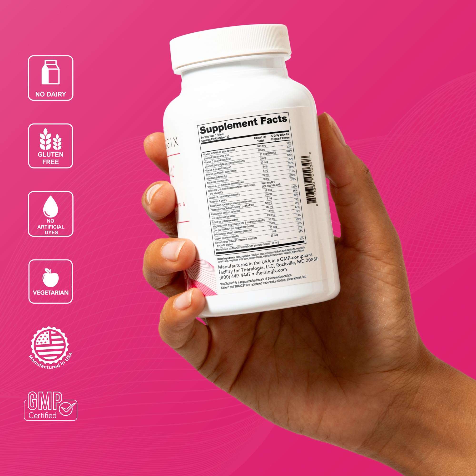 Theralogix TheraNatal Core Preconception Vitamin Supplement - 90-Day Supply - Prenatal Vitamins & Fertility Supplement for Women with Folate, Vitamin D3, Choline & More* - NSF Certified - 90 Tablets