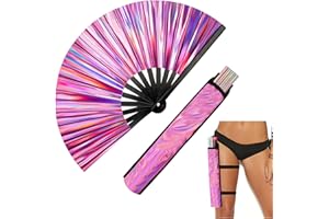 FOWSRHRG Glitter Large Rave Folding Hand Fan with Holster, 13" Laser Rave Handheld Fan for Women, Reflective Clack Handheld Fan for Music Festivals, Carnival, Party, Rainbow Outfits (Pink Purple)