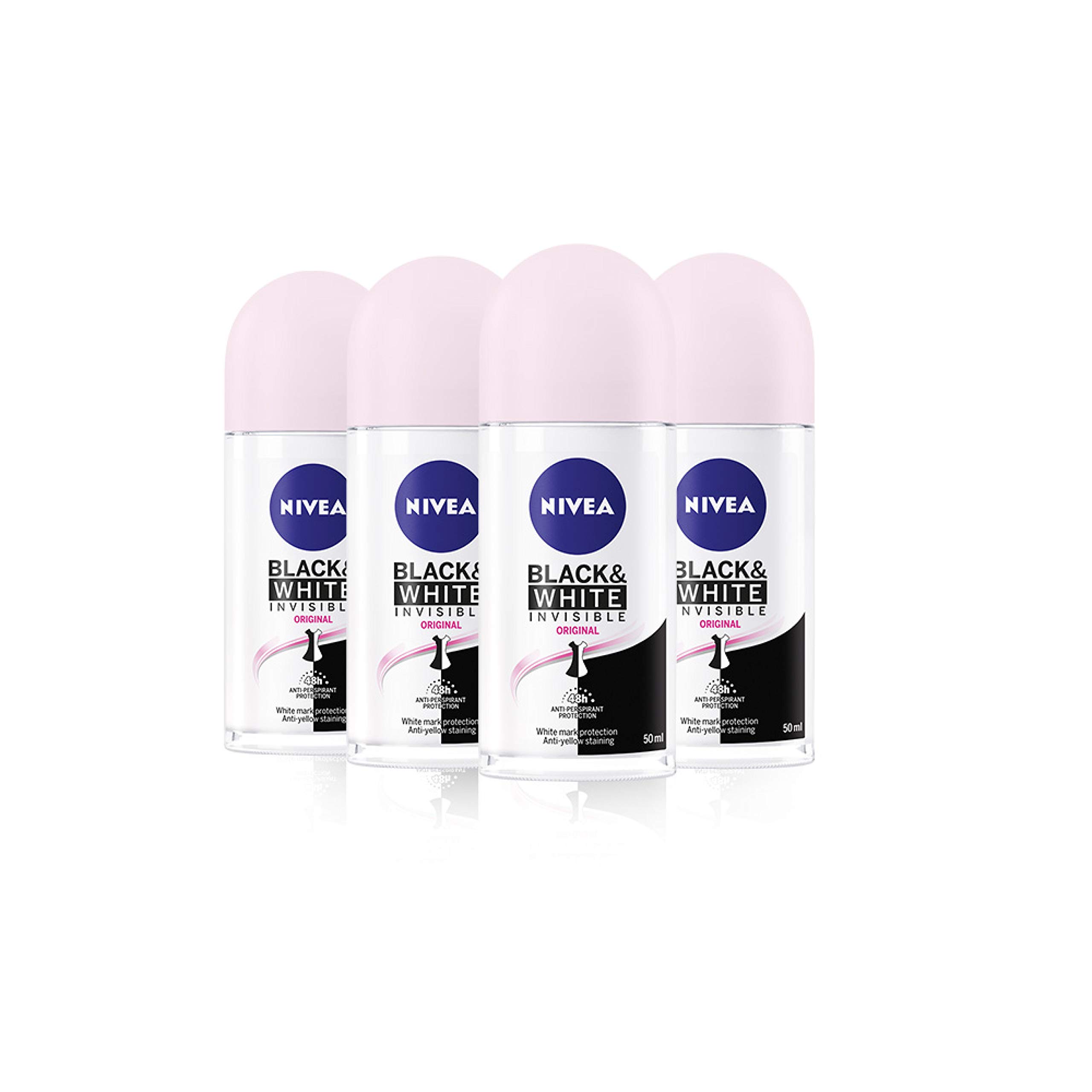 NIVEA Black & White Invisible Original Anti-Perspirant Deodorant Roll On Pack of 4 (4 x 50ml) 48hr Deodorant for Women Anti-Stain Womens Anti-Perspirant Roll On