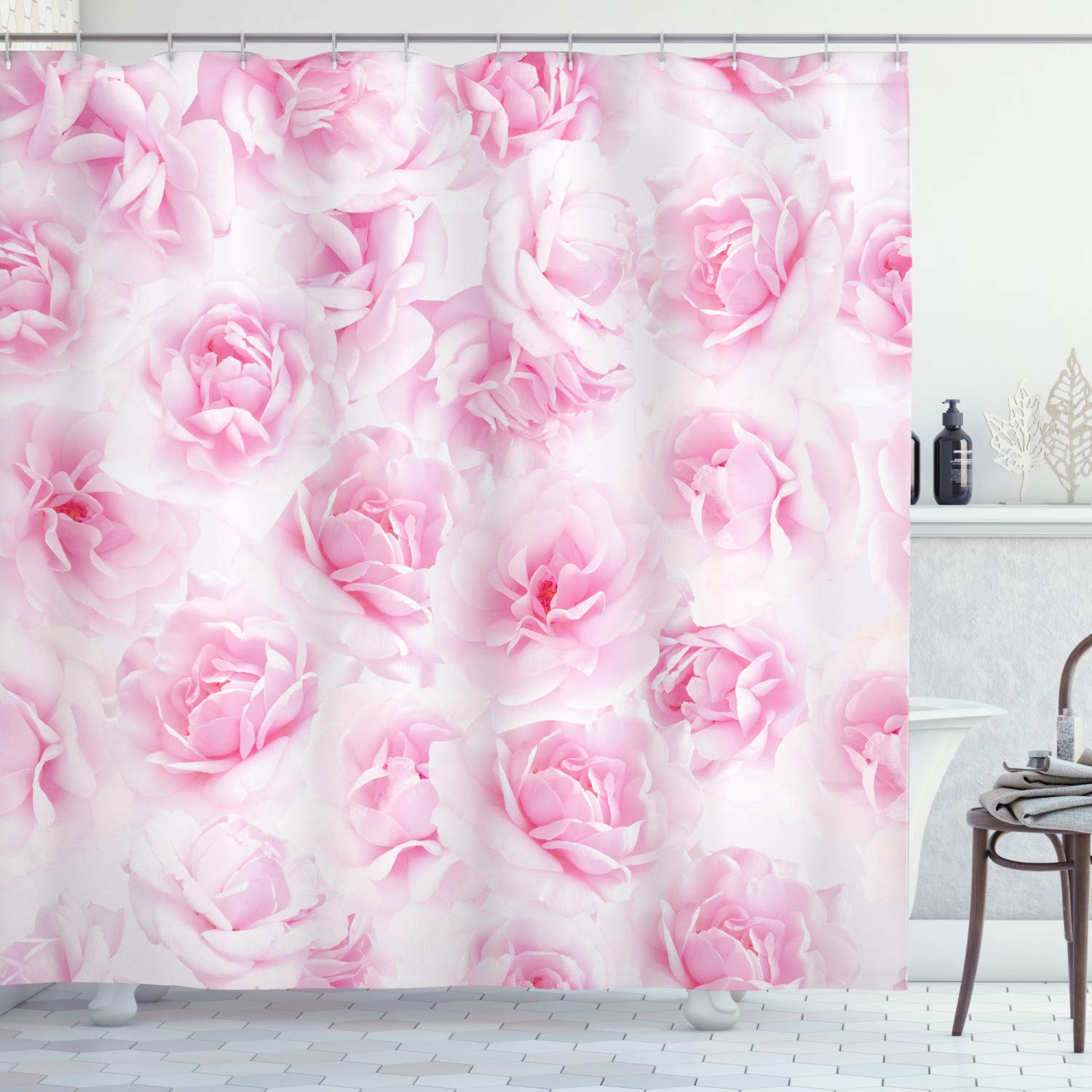 ABAKUHAUS Rose Shower Curtain, Plenty of Roses Passion Sentiment Concept Affection Emotions Admiration Work, Cloth Fabric Bathroom Decor Set with Hooks, 94 Inches, Soft Pink