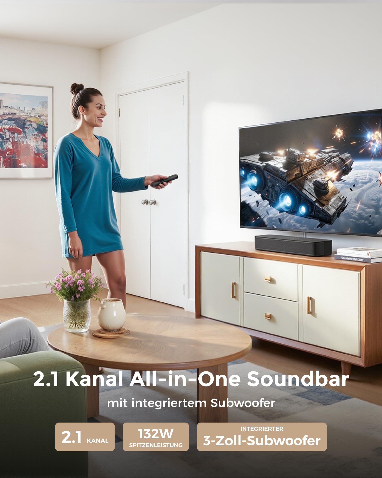 ULTIMEA 2.1 Soundbar für TV Geräte mit integriertem Subwoofer, APP-Steuerung, 132W All-in-One PC Soundbar für Gaming, TV Lautsprecher mit Verstellbarem Bass, Bluetooth® 5.4, Opt/AUX, Poseidon M20 Pro 2