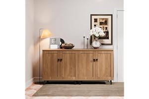 FENSULN Buffet Sideboard Cabinet Farmhouse Modern 2 in 1 Storage Cabinet with Adjustable Shelves for Kitchen, Coffee Bar, Living Room, Oak