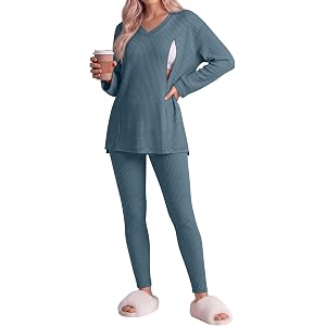 Neer 2 Pcs Maternity Nursing Pajamas Set Oversize | Breastfeeding Outfits, Waffle, Postpartum, Long Sleeve Shirts, Legging Pa