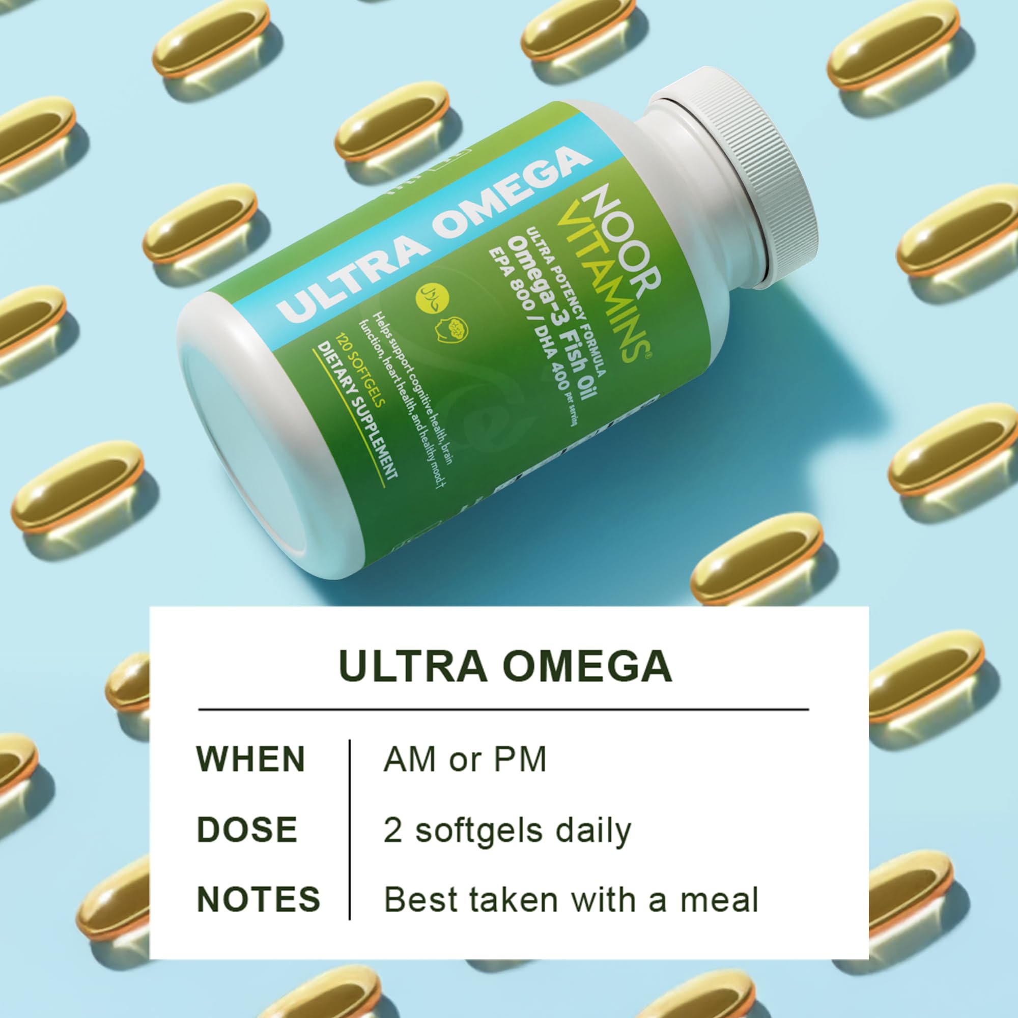 Noor Vitamins Halal Fish Oil, Halal Vitamins, Ultra Omega 3 Wild Peruvian Fish (800 mg EPA & 400 mg DHA) Heart, Brain & Joint Support, Non-GMO and Gluten Free (120 Count)