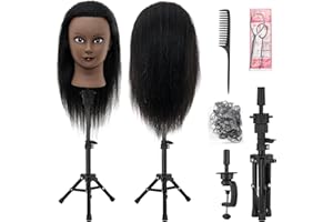 NEVERLAND BEAUTY & HEALTH Mannequin Head 100% Real Hair,14”-16” Braiding Mannequin Head with Stand&Table Clamp,Real Hair Cosmetology Manikin Head with Mannequin Head Stand