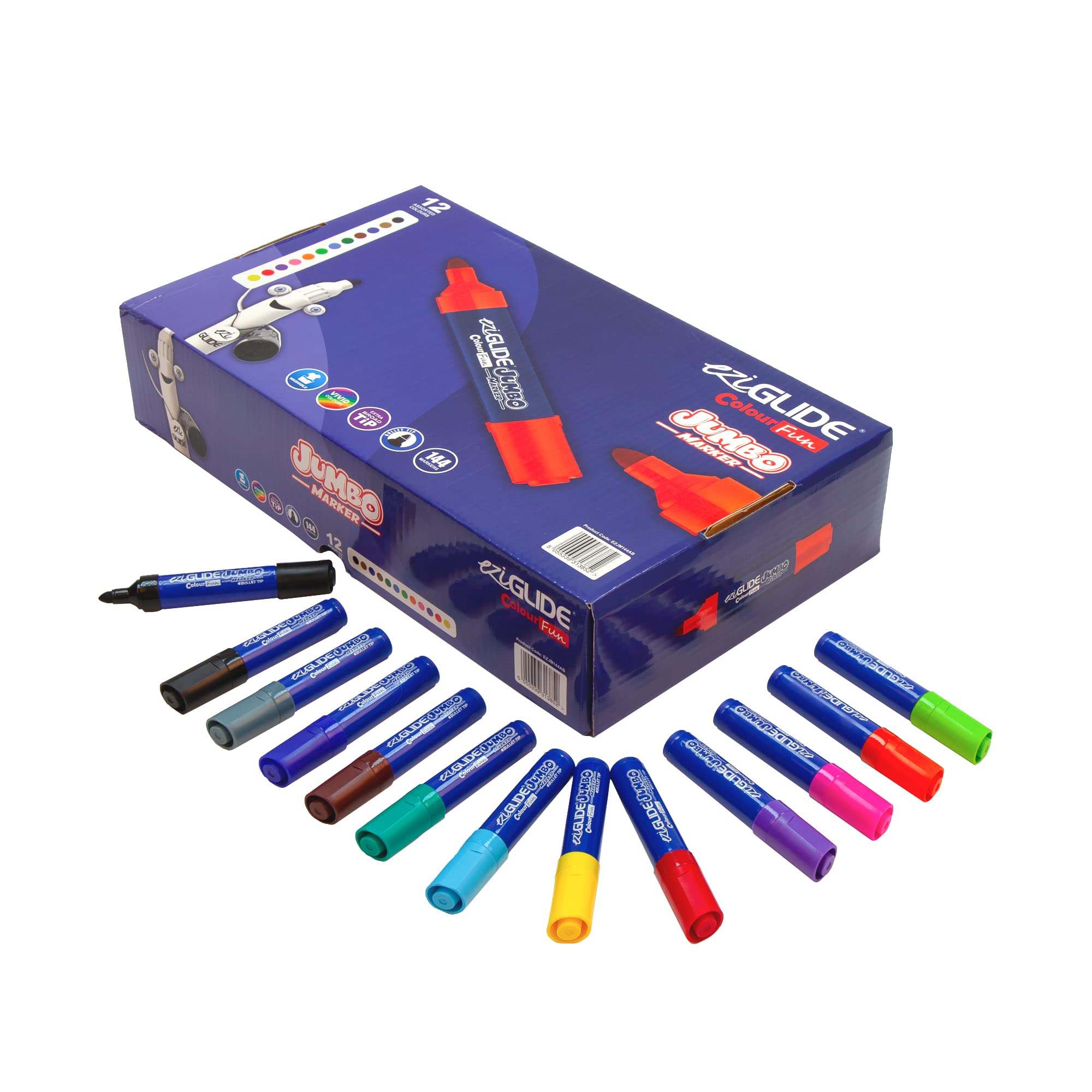 Eziglide Bullet Tip ColourFun Jumbo Flip Chart Marker Pen Bulk Pack, Assorted Colours, Classpack of 144, Vibrant colour Flip-Chart Colouring Pens, ideal for designing, brainstorming and mind mapping