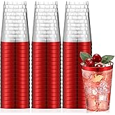 Norme 50 Pcs 12 oz Plastic Cups Disposable Cups 12 oz Plastic Glasses Clear Tumblers with Rim for Birthday Wedding Party Elegant Wine Coffee Cocktail(Red)