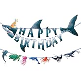 WERNNSAI Shark Happy Birthday Banner Ocean Party Decoration Supplies | Ocean Theme Party Supplies for Kids Boys, Pre-Strung Party Banner, Beach Under The Sea Theme Hanging Wall Decorations