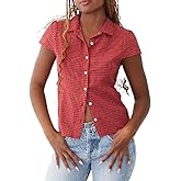 Women Y2k Short Sleeve Button Up Shirt 90s Coquette V Neck Slim Fitted Blouse Casual Preppy Vintage T Shirt Crop Top