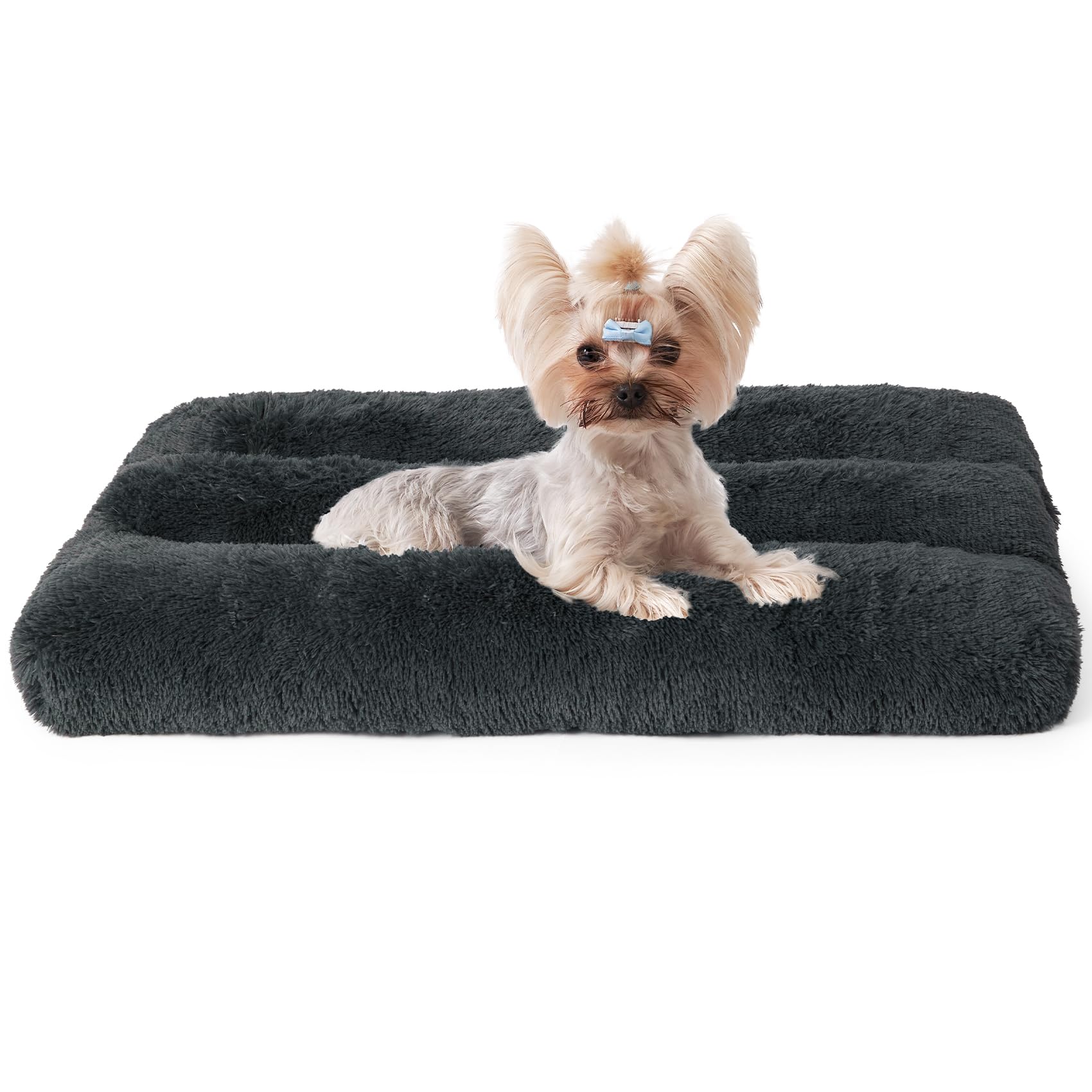 EHEYCIGA Fluffy Small Dog Crate Bed, Calming Anti Anxiety Pet Bed Washable, Dog Mat Mattress for Crate with Anti-Slip Bottom, Dark Grey, 60x45x7.5cm