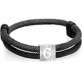 Initial Bracelet for Men Letter Handmade Natural Agate Stone Beaded Braided Black Leather Adjustable Cuff Meaningful Bracelets , Jewelry Gifts, Father's Day Gifts Matching Couple, 7.5-8.3 Inches