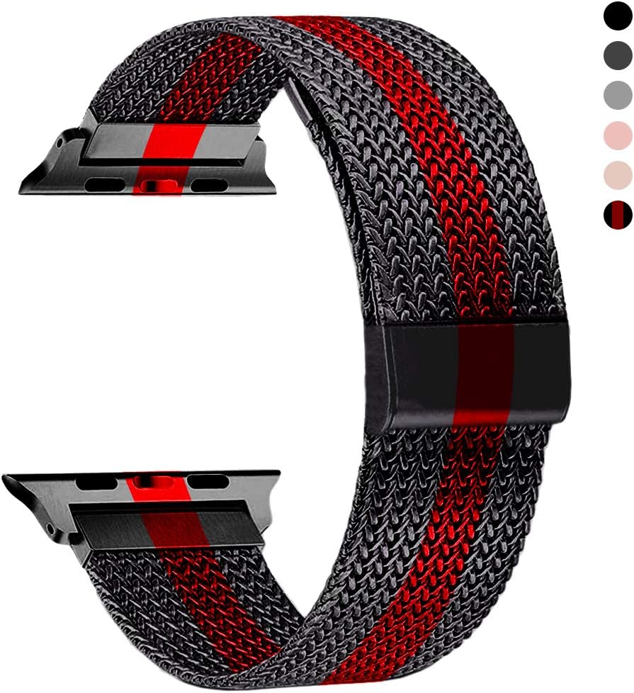 RXCOO Compatible for Apple Watch Band 38mm/40mm 42mm/44mm, Stainless Steel Mesh Wristband Loop Magnet Band Compatible with Iwatch Series 5/4/3/2/1 (Black Red, 42mm/44mm)