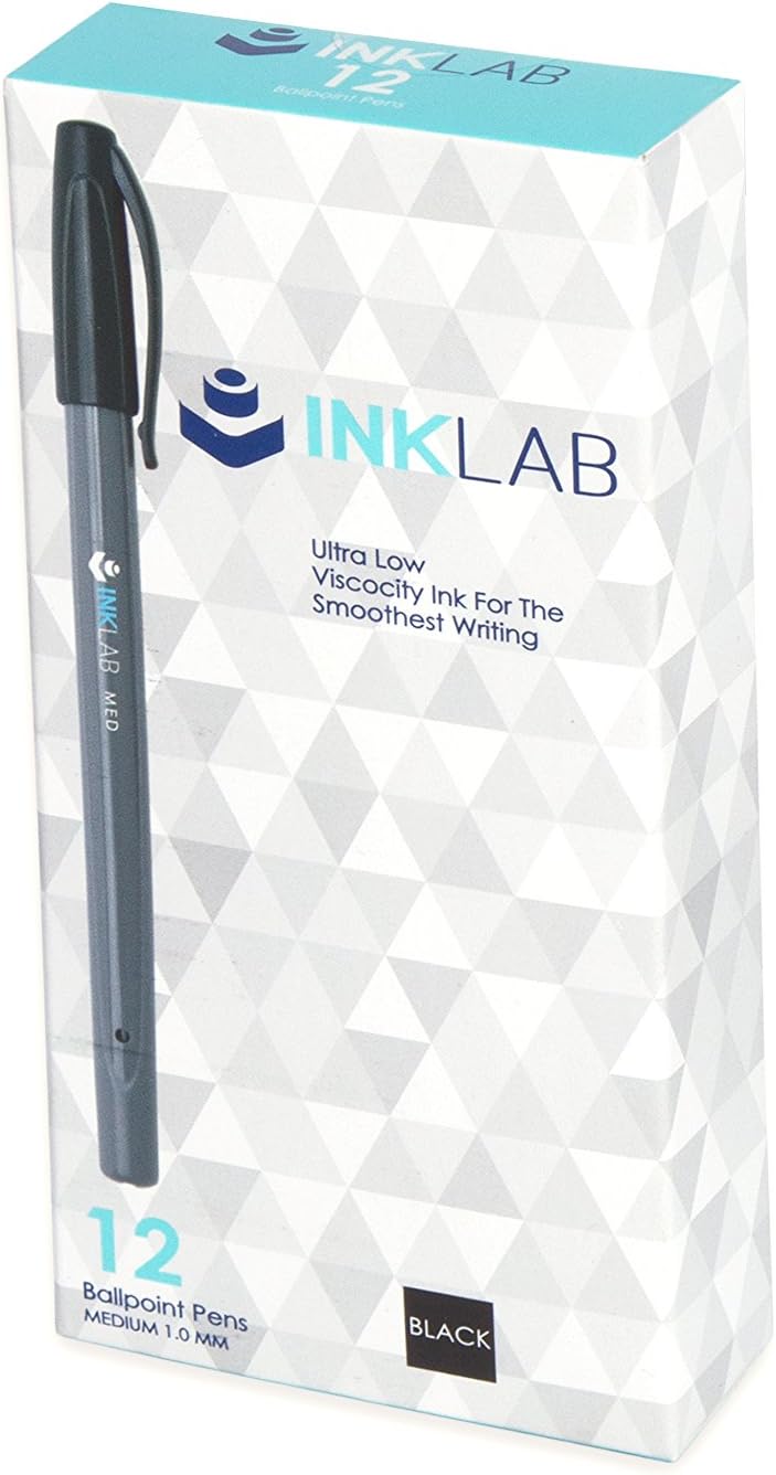 InkLab Stick Ballpoint Pens, Black Ink Color Ballpoint Pen Set, Fine Medium Point (1.0 mm), 12-Count