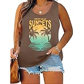 NANYUAYA Plus Size Beach Tank Top Sleeveless Vacation Tee for Women Coconut Tree Graphic Prints