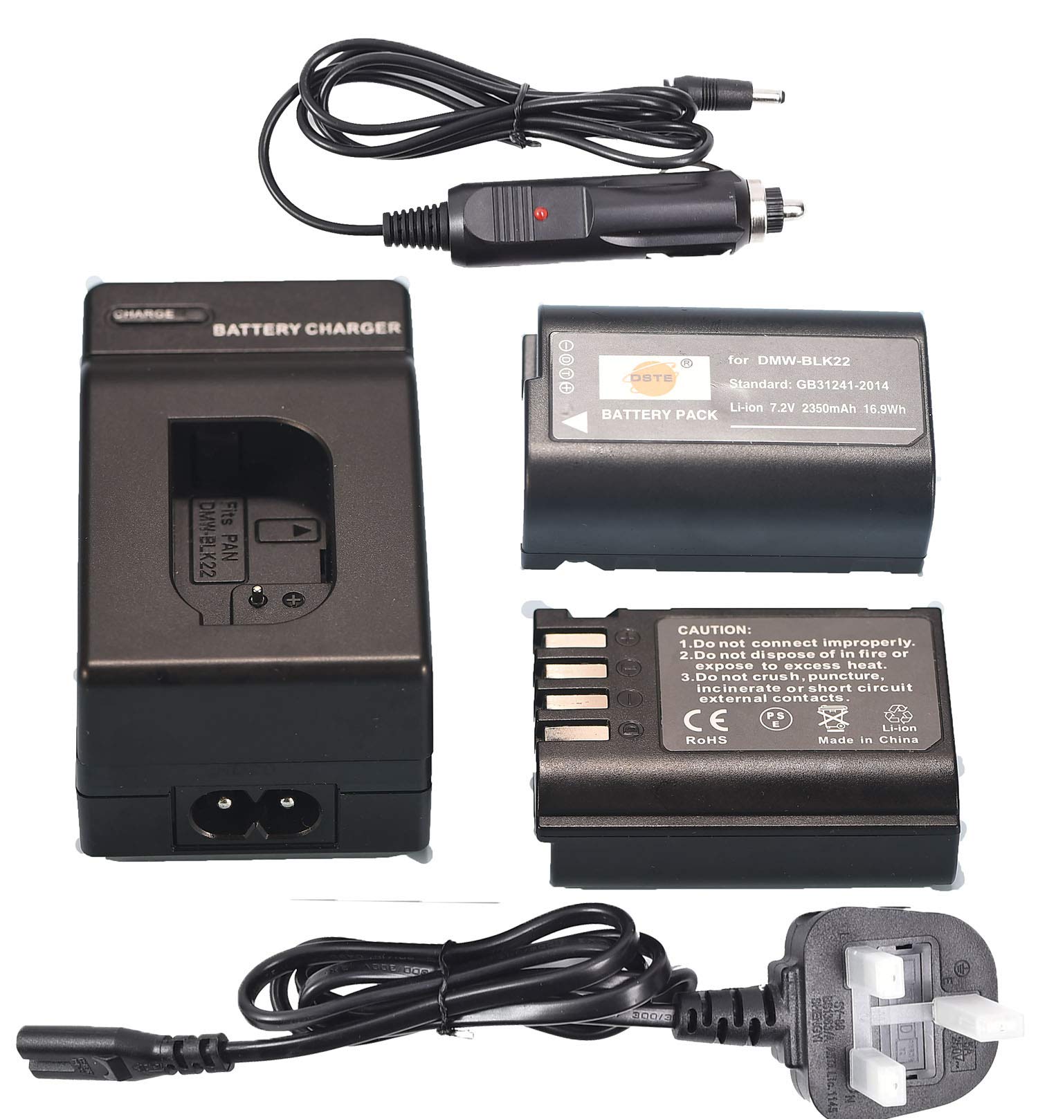 DSTE (2-Pack) DMW-BLK22 Li-ion Battery + Travel and Car Charger Compatible for Panasonic DC-S5 DC-S5KK GＨ6 Lumix DC-G9 II Camera,Sigma BP-61 Battery as DMW-BTC15