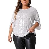Agnes Orinda Plus Size Tops for Women 2025 Glitter 3/4 Slit Sleeve Crew Neck Shimmer Sparkle Sequin Party Blouse Tops