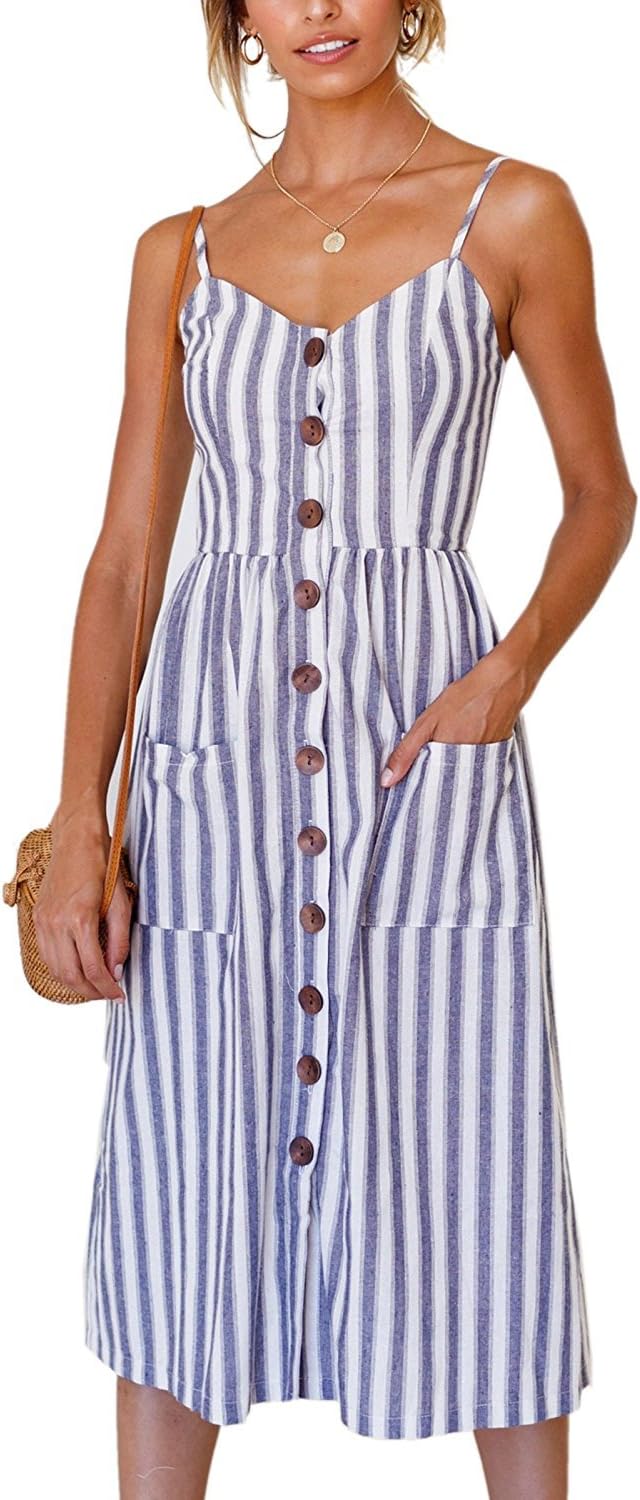 TinyChic Womens Spaghetti Strap Sundress Swing Button Down Backless A-Line Striped Midi Dress with Pockets L