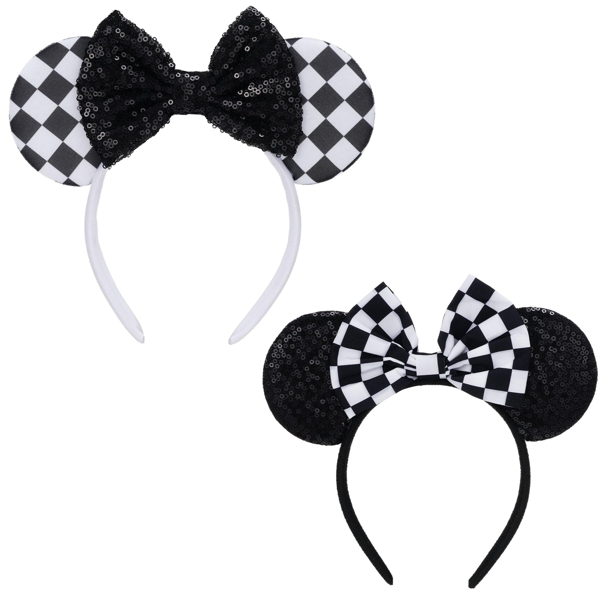 Photo 1 of 2 Pcs Checkered Mouse Ears Black White Checkered Mouse Ears with Bows Sequin Headbands for Adults, Halloween Birthday Party Favors Hair Accessories