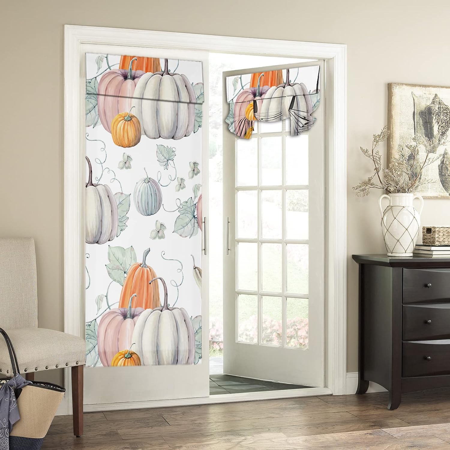 Outdoor Curtains - Door Curtains for Door Windows, Thankgiving Harvest Pumpkin Door Window Curtains for French Glass Door, Privacy Thermal Insulated Tie Up Door Shades, Pumpkin Leaf Autumn Door Curtains 26 x 70 inch