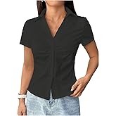 SweatyRocks Women's Ruched Button Up Blouses Collar V Neck Short Sleeve Work Shirts