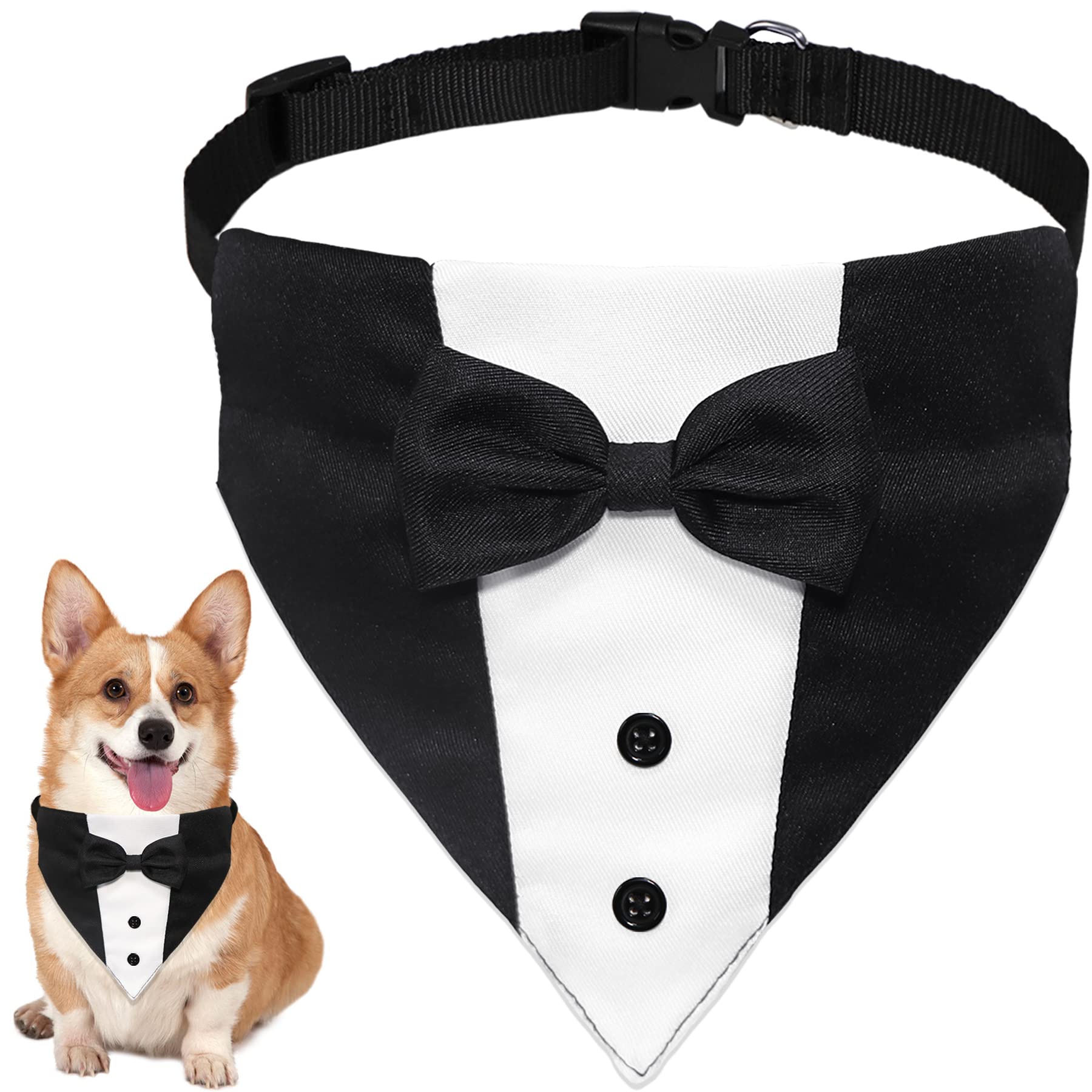 Photo 1 of GOYOSWA Dog Tuxedo Suit Wedding Bandana Collar with Bow Tie, Adjustable Formal Dog Tux, Engagement Birthday Tuxedo for Small Medium Large Dogs Pets (Small: Neck 12.5”-21”)