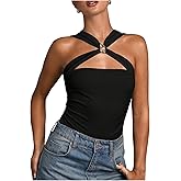 MakeMeChic Women's Criss Cross Halter Bodysuit Ring Cut Out Sleeveless Fitted Leotard Tops
