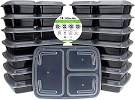 Freshware Contenedor de alimentos de 3 compartimientos - paquete de 15 - Reusable, Seguro para microondas y lavavajillas