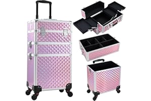 Yueieoun Rolling Makeup Case with Wheels Professional 3 in 1 Cosmetic Train Case and Cosmetology Cart Trunk for Makeup Artist