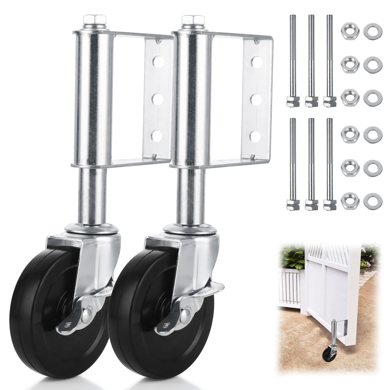 WOPPLXY 2 PCS 100mm Gate Wheel - 4 Inch Heavy Duty Gate Wheels Spring Loaded Swivel Castor - Silver Gate Wheel for Wooden Gates with Brake