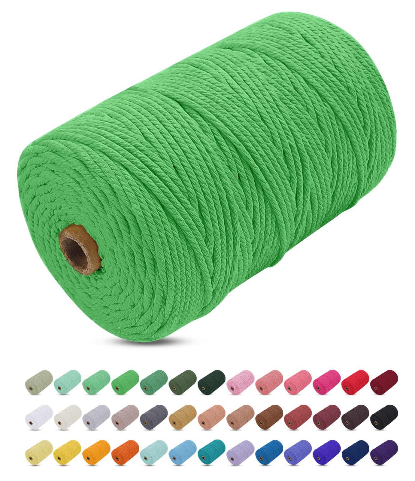 Uiopa Macrame Cord 3mm x 200m, Thick Macrame Rope Yarn Soft Natural Cotton Cord, Coloured 4-Ply Macrame String for DIY Craft, Plant Hangers, Wall Hanging, Christmas Decorations (Grass Green)