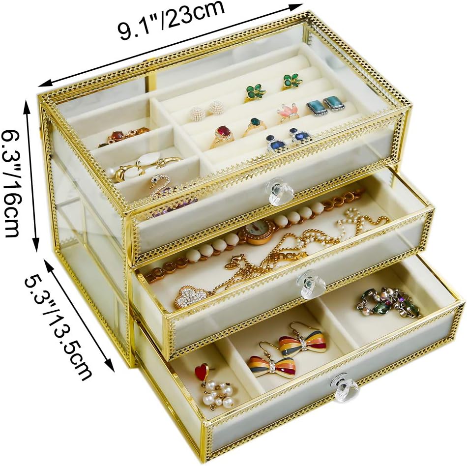 Amazon Com Moochi Golden Brass Vintage Glass Jewelry Box With 3 Drawers Earrings Necklace Ring Bracelet Watch Costmetic Organizer Case For Women Home Improvement